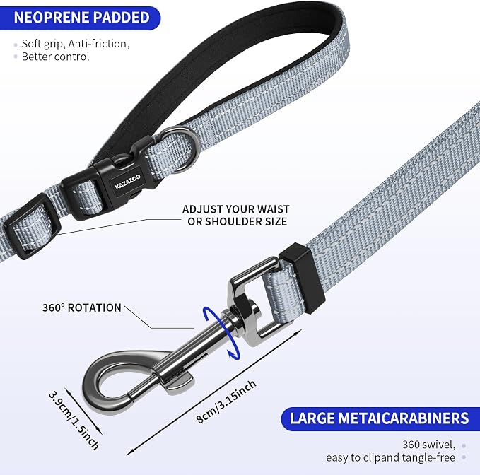 Kazazoo Hands-Free Dog Leash Adjustable Length 5-8 Ft, Waist for Dog Walking, Running for Small &Medium Dogs with Reflective Strips, Ballistic Nylon, Waist Belt, Grey