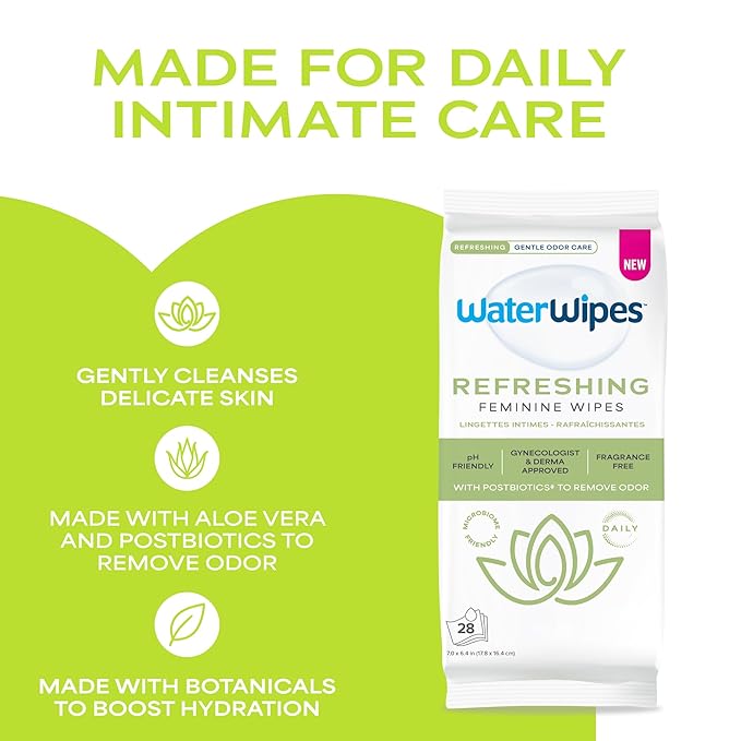 WaterWipes Refreshing Feminine Wipes, Stay Fresh On-The-Go, pH Friendly for Daily Intimate Care, Odor Removal, Gynecologist Approved, Fragrance Free, 112 Count (4 Packs)