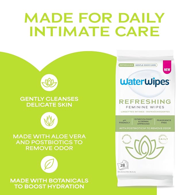 WaterWipes Refreshing Feminine Wipes, Stay Fresh On-The-Go, pH Friendly for Daily Intimate Care, Odor Removal, Gynecologist Approved, Fragrance Free, 28 Count