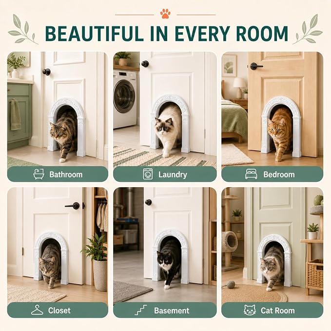 XL Cat Door for Interior Doors Easy to Install in Minutes, No-Flap, White | No Training Required, for Cats Up to 30 lbs, DIY Paintable, Fits 1.25"–1.75" Hollow & Solid Door, Retro Farmhouse Style