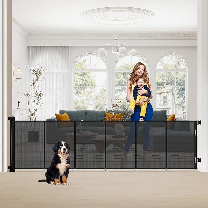 SMONTER Extra Wide Retractable Dog Gates, Mesh Baby Gate with Support Rods Extend to 118" Wide 33" Tall, Portable Safety Retractable Gate for Stairs, Indoor/Outdoor, Black