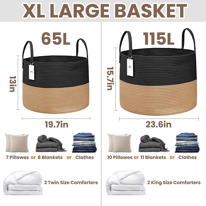 JMvicyroam 65L Extra Large Machine Washable Cotton Rope Blanket Basket | Collapsible laundry hamper, Reinforced handles, For blankets, pillows, toys and clothes, Living room and bedroom, Black&Jute