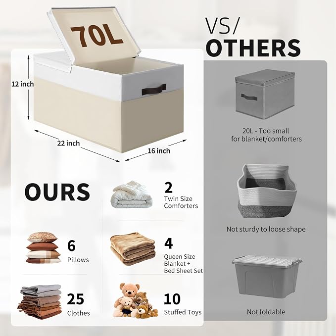 2 Pack EXTRA LARGE Blanket Storage Baskets with Lids, 22”x16”x12” Closet Organizers Bins for Clothes Towel/ Toy Storage Box with Lid Handles/ Stackable Decorative Fabric Bins for Living Room, Nursery