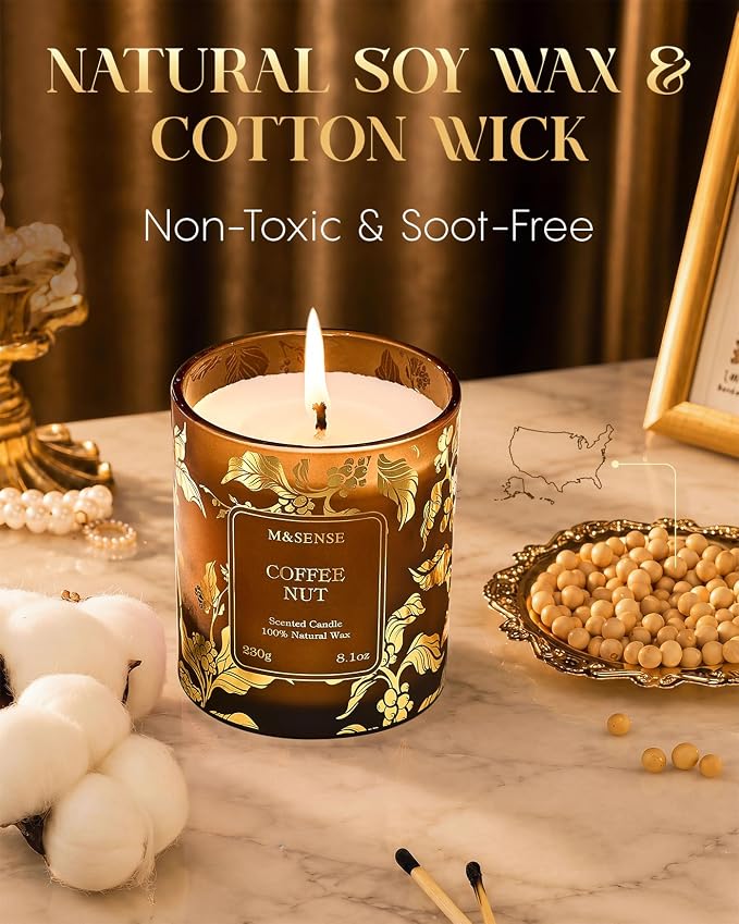 M&SENSE Coffee Nut Soy Candle, 7.8oz Gilded Glass, Coffee Lover Gift | 42H Slow Burn, Non-Toxic, Cozy Relax Calm, Warmer Safe, Reusable Jar, Sensitivity-Safe