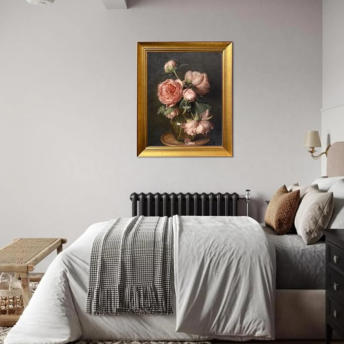 Gold Framed Pink Peonies Flower Oil Painting on Canvas Vintage Dark Floral Wall Art Farmhouse Picture Wall Decor Moody Canvas Print for Living Room Bedroom Bathroom Decor