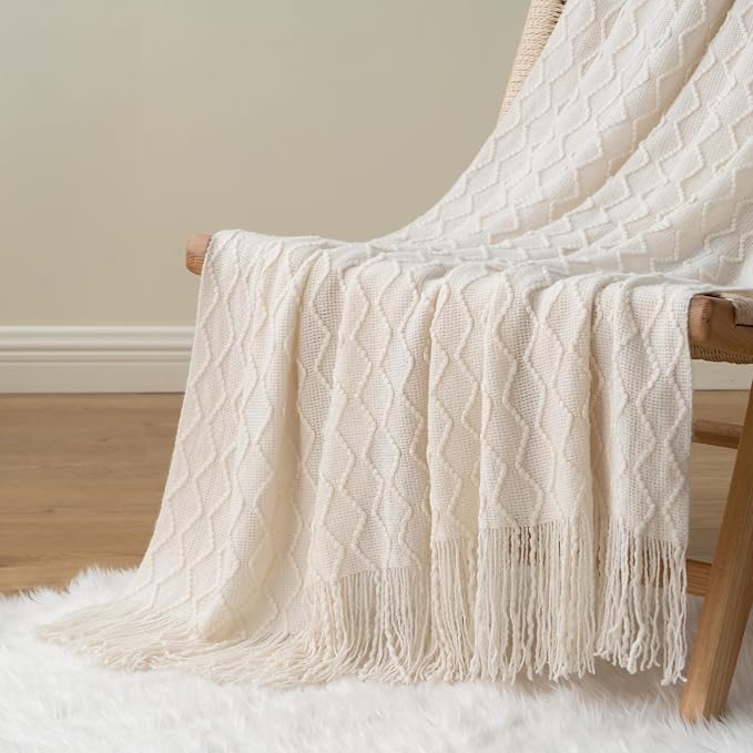 BATTILO HOME Ivory White Throw Blankets for Couch, Off White Lightweight Decorative Blankets and Throws, Boho Warm Knit Blanket for Men and Women, 50"x60"