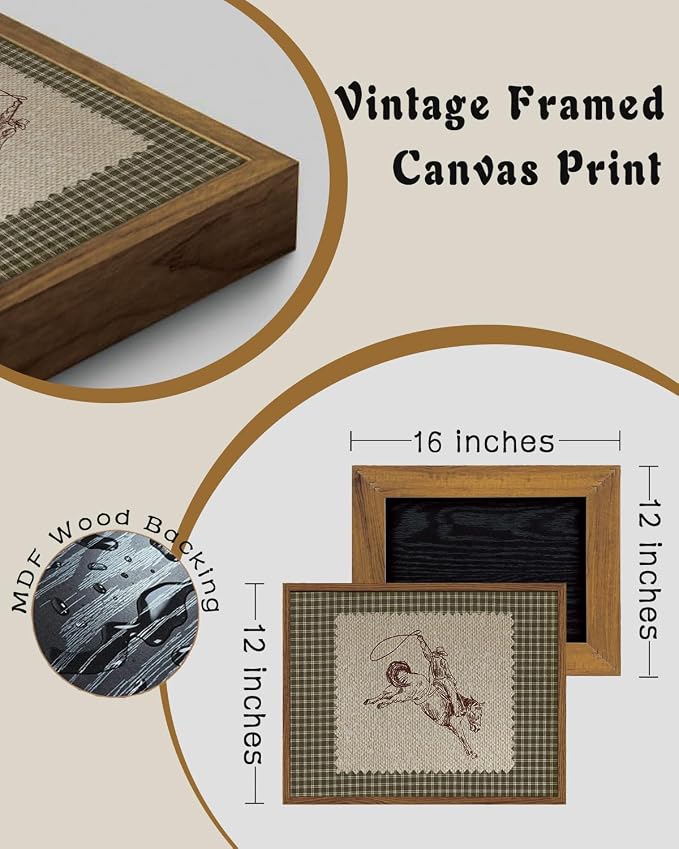 ZZLWBKGL Western Wall Decor Framed Wall Art Vintage Canvas Art 12x16in | Farmhouse Cowboy Artwork West Stamp Picture Mid Century Aesthetic for Living Room Bedroom