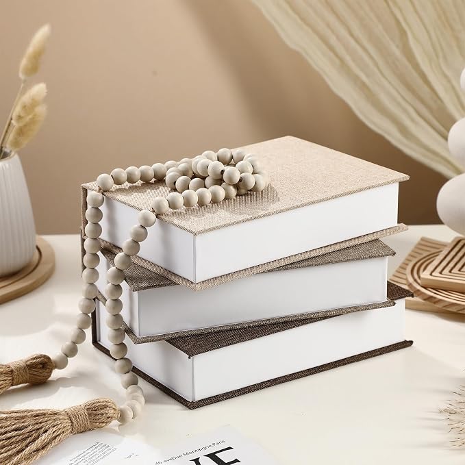 Tioncy 3 Pcs Decor Linen Faux Book Box Set Aesthetic DIY Fake Linen Book Box for Decor Storage Cafe Table Bookshelf Gift Home Keepsake(8.6 x 6.1 x 1.8 Inch,Khaki, Dark Coffee, Light Coffee)