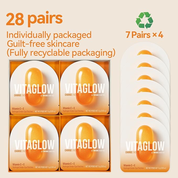 Charge Energy Under Eye Patches (28 Pairs), Vitamin C & Caffeine Eye Mask for Puffy Eyes, Dark Circles and Bags - Cooling Hydrogel Patches, 5-Minute Morning Wake-up Call for Tired Eyes, All Skin