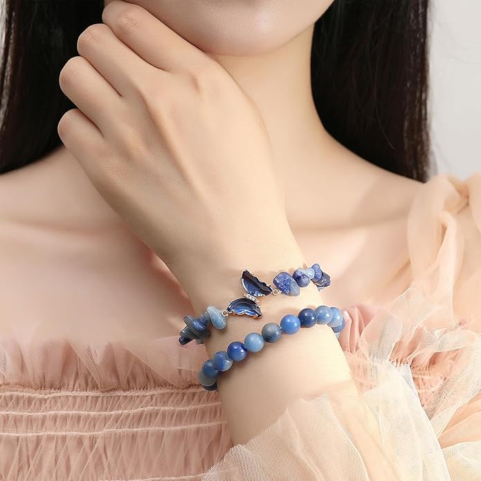 DUQGUHO 2Pcs Butterfly Bracelets for Women Healing Crystals Bracelets for Women Natural Gemstone Bead Bracelet Cute Butterfly Charm Bracelet Stretch 8mm Crystal Jewelry Gifts for Women