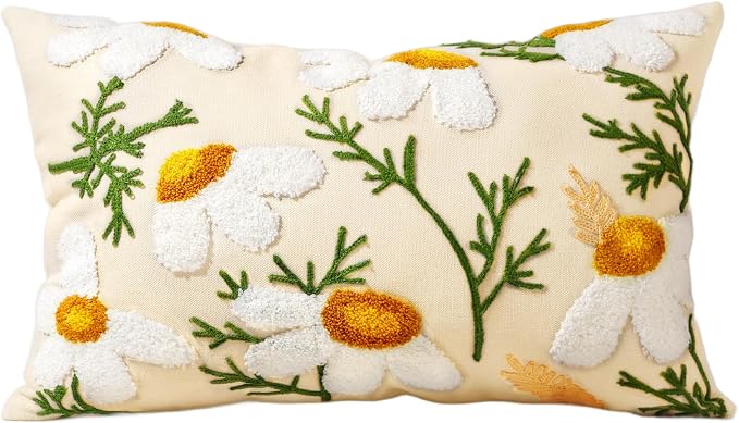 Embroidered Lumbar Pillow Cover - 20x12 Decorative Pillow Cover with Zipper Aesthetic Cute Design Boho Spring Summer Cozy Throw Pillowcase for Living Room Couch Sofa Bed, Daisy