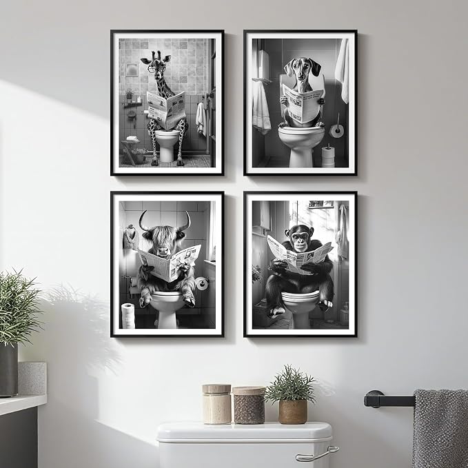 Framed Black and White Bathroom Wall Art Decor, 4 Piece Modern Animal Canvas Prints Painting Artwork, Dog Highland Cow Giraffe Sitting on Toilet Reading Newspaper Pictures for Toilet Restroom, 11x14