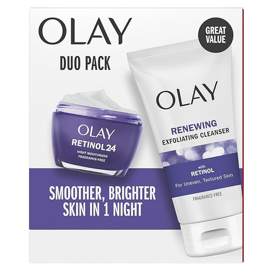Olay Retinol 24 Duo Pack, Renewing Exfoliating Cleanser, Fragrance-Free 5.0 oz, Night Moisturizer, Fragrance-Free, 1.7 oz