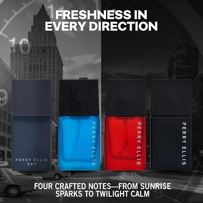 Perry Ellis Men's 4-Piece Mini Set - Cologne for Men, Mens Cologne Gift Sampler Set, EDT, Perfume Samples, Travel Size - Night Sky, Red Sky, Sky, Pure Blue - 0.25 fl oz (Pack of 4)
