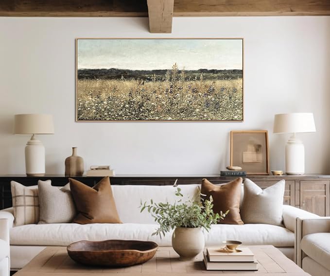 DJSYLIFE Wildflower Fields Framed Wall Art, Vintage Landscape | 24x48 Inch Canvas Prints, Solid Wood Frame, Ready to Hang, Flowers Painting, Country Farmhouse Decor for Living Room, Bedroom