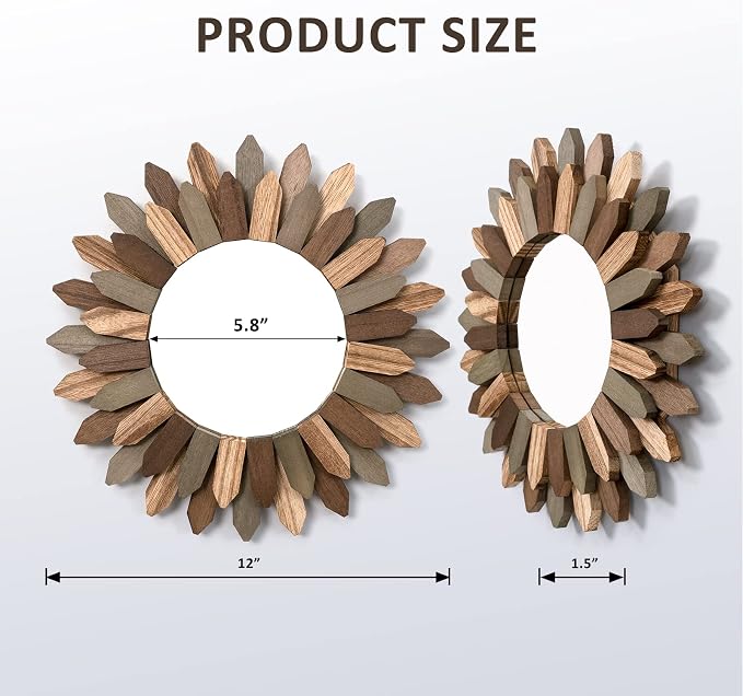 Boho Wall Decor 12 inch Decorative Mirror with Rustic Wood Sunburst Frame, Perfect for Bedroom, Living Room, Bathroom, Kitchen