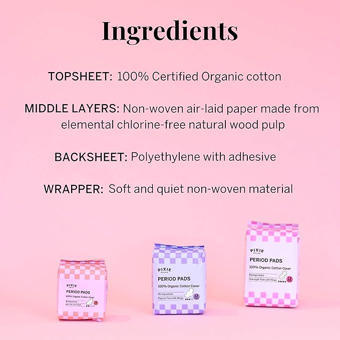 Pixie Organic Cotton Ultra Thin Pads with Wings for Women - Leak-Proof & Moisture-Wicking for Feminine Care - Compostable, Unscented Menstrual Pads - Regular Absorbency - FSA Eligible - 48 Count