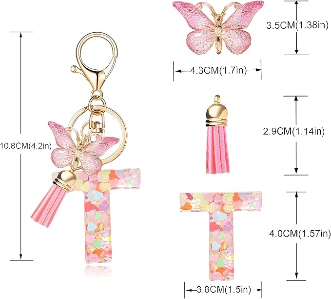 Fashion Alphabet Initial Letter Keychain Tassel Butterfly Pendant Key Ring for Purse Handbags Women Girl