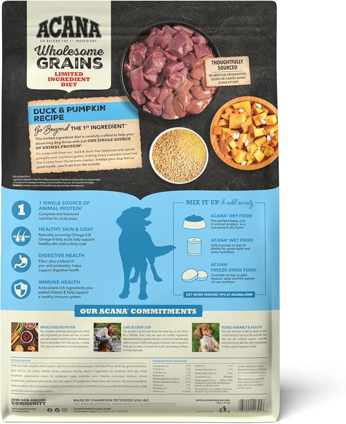 ACANA Wholesome Grains Dry Dog Food Duck & Pumpkin 4lb Bag | High Protein, Made in the USA, Includes Probiotics, Limited Ingredient, Global Quality Ingredients