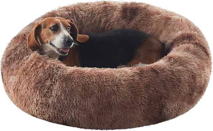 33 in Faux Fur Donut Dog Bed for Medium Plus Dogs,Tie-dye Brown | Calming Plush Round Fluffy Pet Bed with Removable & Washable Cover,Fits up to 65 lbs Pets