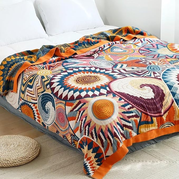 Boho Throw Blanket for Bed 100% Cotton Bohemian Blankets Ultra Soft Woven Muslin Decorative Blankets All Seasons Vintage Quilt Knitted Blanket for Sofa Chair (Colorful, 50"x60")