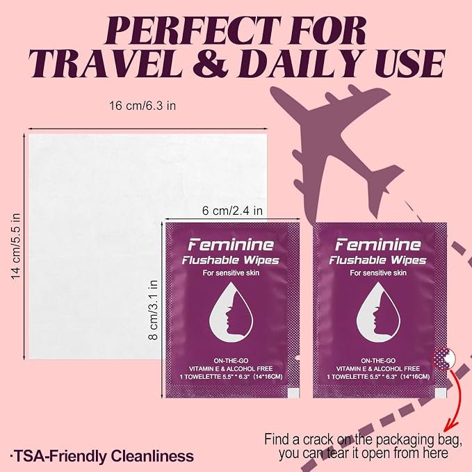 twoworld 400 Feminine Wipes Flushable Travel Individually Wrapped | Travel Wipes for Women,Feminine Care Wet Wipes Travel Size Vaginal Wipes for Adult,Girl and Homeless(Unscent)