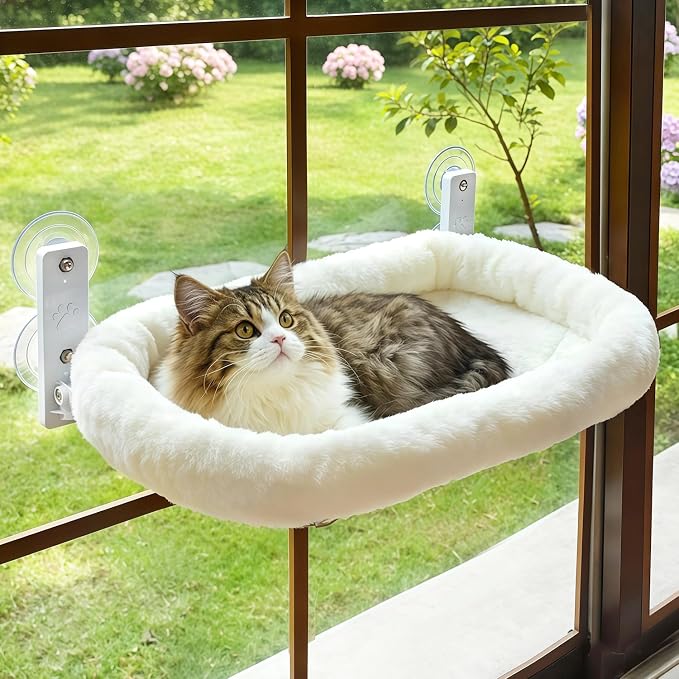 AMOSIJOY Cordless Cat Window Perch, Window Hammock for Cats with 4 Strong Suction Cups, Solid Metal Frame and Soft Cover, Indoor Cat Bed