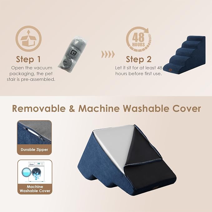 EHEYCIGA Curved Dog Stairs Ramp, 5-Step High Beds, 22.6" H Pet Step | 33D density of pure foam, for Small Dogs and Cats, Pet Stairs for High Bed Climbing, Non-Slip Balanced Indoor, Navy