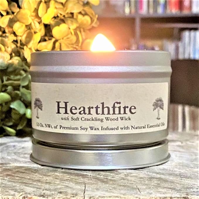 Hearthfire in Tin Can by GWE - Smoky Sandalwood Scented Soy Candle w/Wood Wick - Dark Sweet Creamy Aromatherapy - Infused w/Natural Oils, Made in The USA - Gift for Men & Women