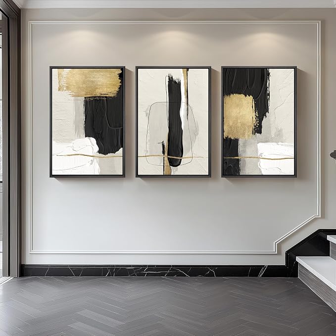Framed Modern Black and White Abstract Wall Art for Living Room, 3 Piece | Large Canvas Prints Paintings Artwork for Walls, Minimalist Black Beige Gold Pictures, Bedroom Office Wall Decor, 30x60 In