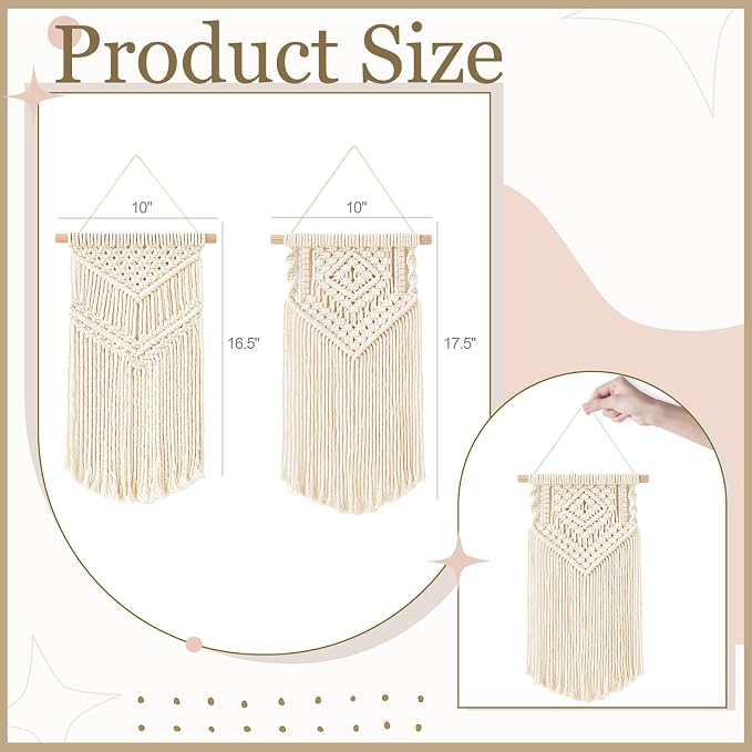 Dahey 2Pcs Small Macrame Wall Hanging, 2 Sizes Boho Tapestry Wall Art Decor | Woven Craft, Unique Tassels, Soft Cotton Cord, Wood Dowel, Ready to Hang, Boho Wall Decor for Bedroom Dorm Classroom Backdrop
