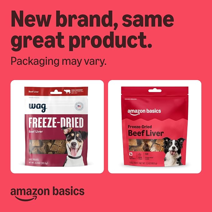 Amazon Basics Freeze-Dried Raw Single Ingredient Dog Treats (Previously Wag), Beef Liver, High Protein, Grain-Free, 3.3 Ounce, Packaging May Vary (Pack of 2)