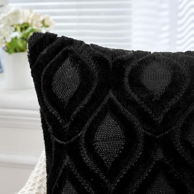 MIULEE Black Soft Plush Faux Wool Throw Pillow Covers 20x20 | Set of 2, Farmhouse Boho Home Decor, Decorative Cushion Covers for Sofa, Living Room, Bed