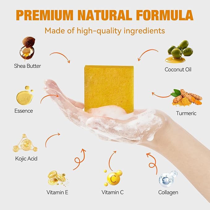 Turmeric Soap For Dark Spot - Kojic Acid Soap Bar with Vitamin C for Face & Body, Natural Ingredients Handmade Soaps for Brightening & Moisturizing, 3 Bars