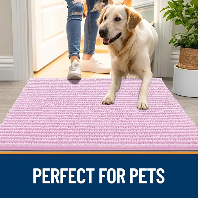 OLANLY Dog Door Mat for Muddy Paws 36x24, Extra Absorbent Chenille Mud Mat | Pink, Absorbs Moisture and Dirt, Non-Slip Machine Washable Doormat, Quick-Drying Indoor Entryway Floor Mat for Dogs