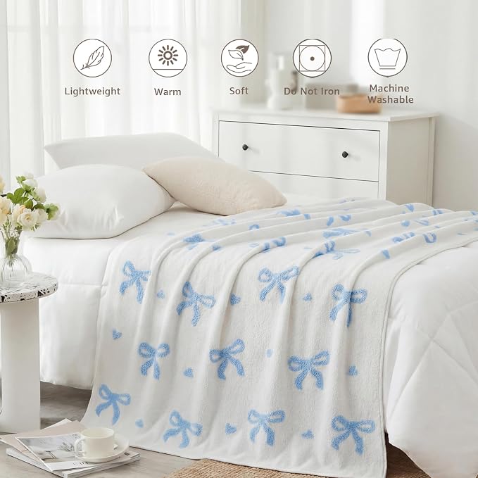 Soft Throw Blanket for Couch-Cozy Reversible Knitted Blankets | Lightweight Warm Fluffy Decor for Women, Mom, Her & Girls, Sofa, Chair, Bed, 50x60in,Bubble Bowknot Blue