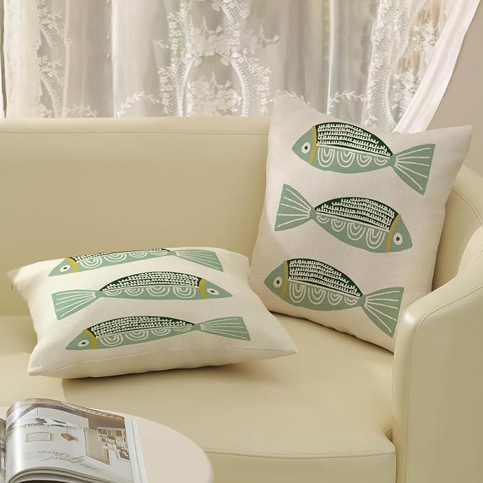 Coastal Pillow Covers 18x18 Inch Set of 2 Ocean Beach Green Fish Throw Pillows Summer Nautical Outdoor Decorative Pillow Cases Linen Farmhouse Cushion Cover for Couch Home Sofa Bedroom Decor