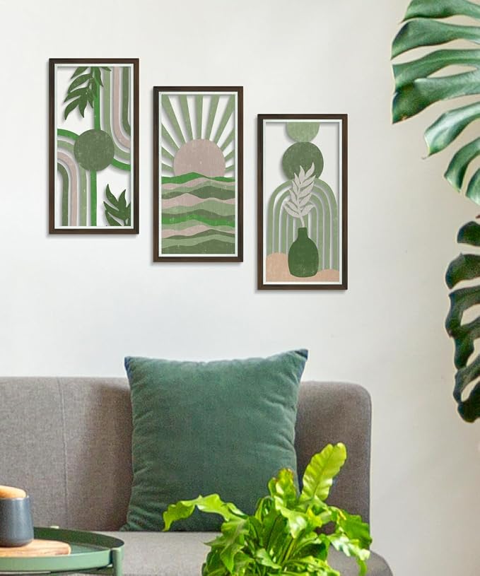 Putuo Decor Abstract Boho Wall Art Set of 3, Modern Geometric Design with Green, Pink, and Beige Tones for Living Room Bedroom Office, Minimalist Wooden Panel Decor