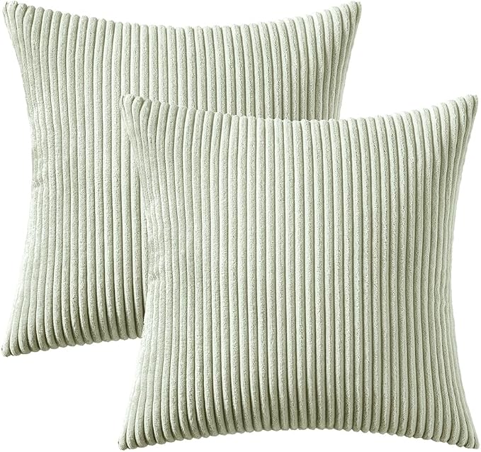 MIULEE Decorative Corduroy Throw Pillow Covers Set of 2 18x18 Light Green | Soft Striped Textured Cushion Cases, Boho Natural Greenery Pillowcases for Home Decor, for Couch Chair Sofa Bed Living Room