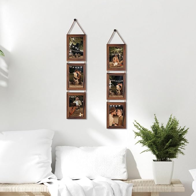 QUTREY 4x6 Picture Frames Collage, 6 Openings Wall Hanging Photo Frame Set of 2 Display 4 by 6 inch Vertical Pictures Frame, Rustic Walnut Brown