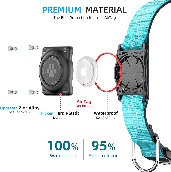 Upgrade Dog Collar with AirTag Holder, IP68 Waterproof, Blue, L | Built-in Water Resistant AirTag holder, 1000D Nylon, Reflective Stitching for Night Visibility, Soft padding for Comfort