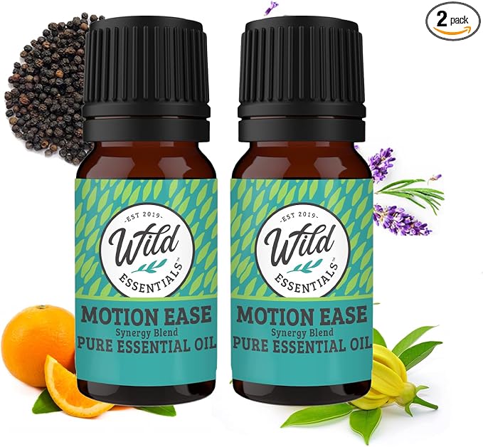 Wild Essentials Motion Ease 100% Pure Essential Oil Synergy Blend 2 Pack - 10ml, Formula for Motion Sickness, Nausea, Upset Stomach, Vertigo, Dizzy, seasick, carsick. Made and Bottled in The USA