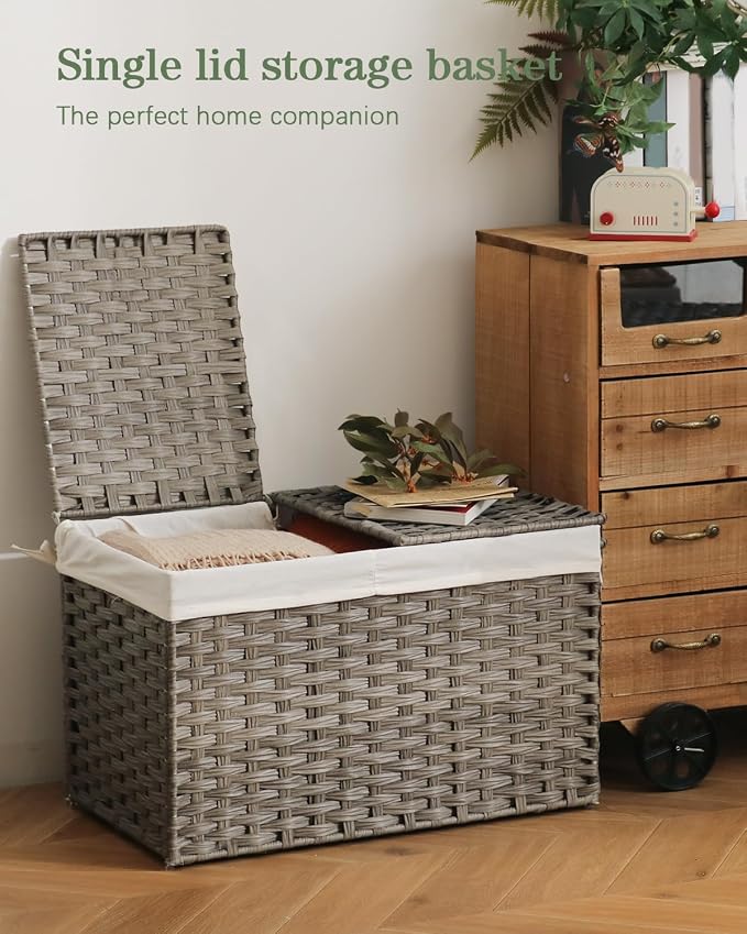 SETVSON Storage Basket with Lid Wicker Baskets for Storage, 160L Gray | Dual Lid Jumbo Blanket Storage Trunk, Divided Clothes Organizer, 2 Washable Liner Bags, Collapsible PE Rattan Bin
