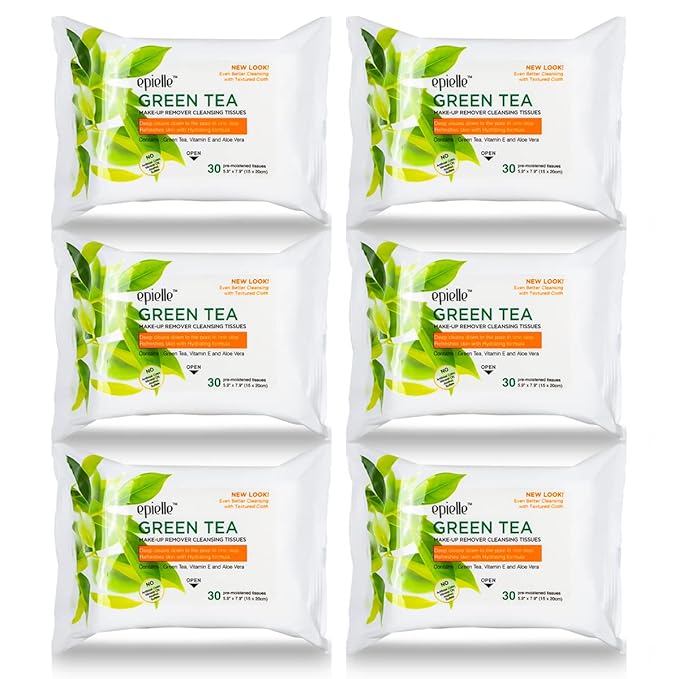 Epielle Green Tea Makeup Remover Wipes, Gentle Daily Facial Cleanser Towelettes, Remove Dirt, Oil & Waterproof Mascara, Stocking Stuffers, 30 Count (Pack of 6)
