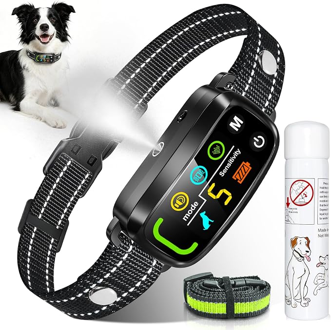 Citronella Bark Collar for Dogs, 5 Training Modes & Levels, 1 Spray Refill | Anti Barking Training Collar, beep/vibration/spray modes, IP65 waterproof, for S/M/L Citronella Dog Collar, with 2 straps