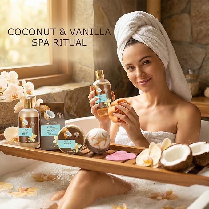Mothers Day Gifts for Mom, 12pcs Vanilla Coconut Bath and Body Gift Basket Set, Self Care Set, Home Spa Basket Gift, Hydrating Skin Care Set, Anniversary, Birthday, Christmas, Wife