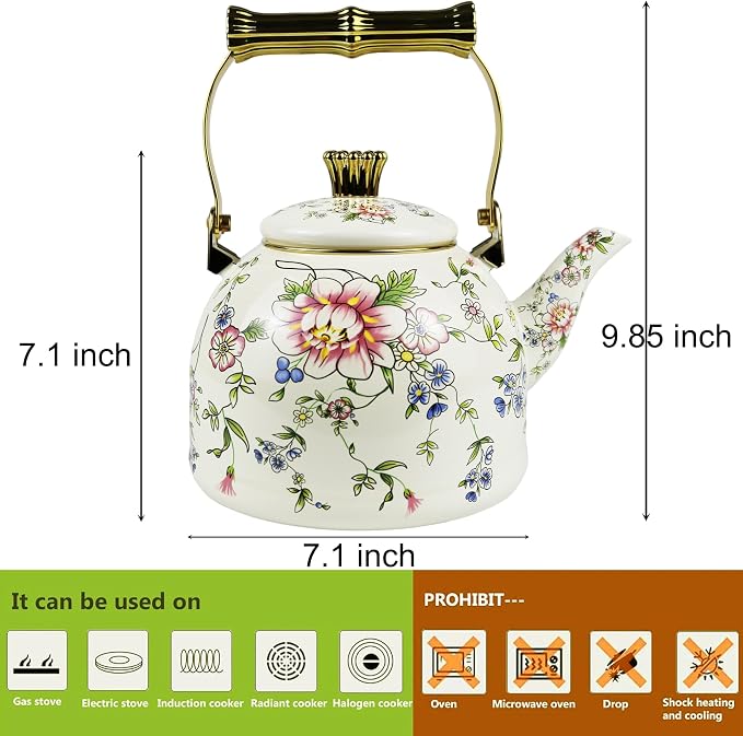 Vintage Enamel Tea Kettle Rose Floral Pattern Stovetop Teapot with Gold Handle, 2.5L Enamel Kettle Kitchen Decor, Ideal Gift for Housewarming Camping Coffee Pot