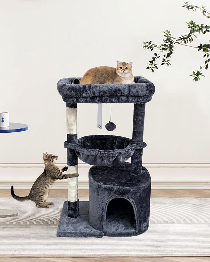 SYANDLVY Small Cat Tree for Indoor Cats, Cat Tower with Scratching Post | Modern Cat House with Padded Perch, Kittens Condo with Cradle, Smoky