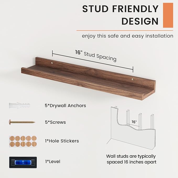 Picture Ledge Shelf, Floating Shelves for Wall, 24" W Set of 2, Walnut | FSC Certified Engineered Wood, Wall Mounted Bookshelf, for Nursery Living Room Bedroom, Pre-Drilled, Easy Install
