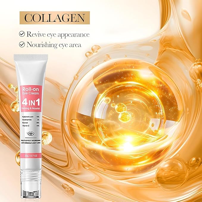 Retinol Eye Cream with 10% Hyaluronic Acid, 30% Retinol, 5% Nicotinamide, 10% Vitamin C for Puffy Dark Circles Wrinkles Eye Bags Fine Lines, Under Eye Cream with 360° Eye Roller Massage Ball